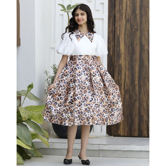 صورة فستان بناتي نمري بأكمام منفوشة وتصميم عصري - M3722